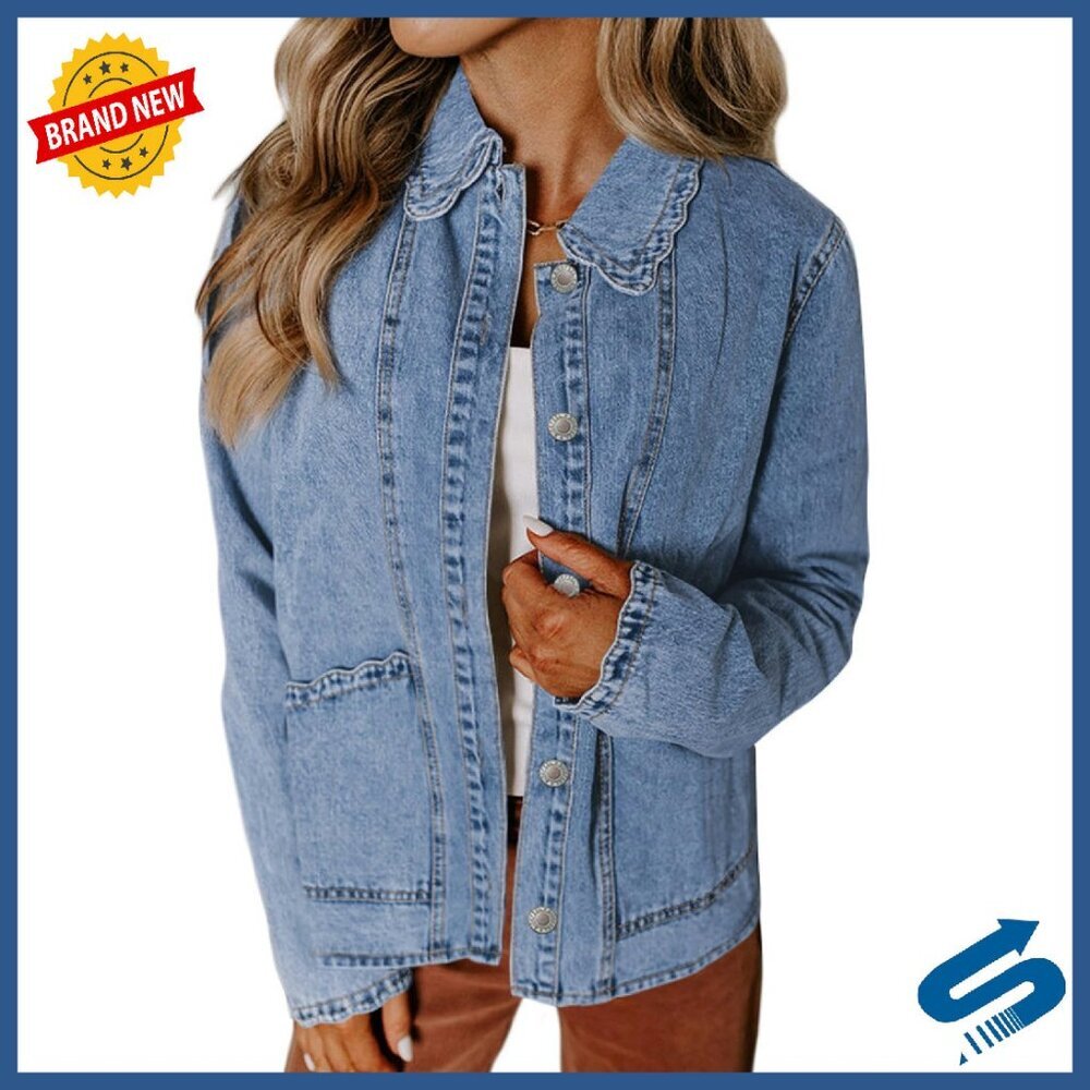 Oversized Denim Jacket with Ruffle Details, Button Front, Mid-Hip Length